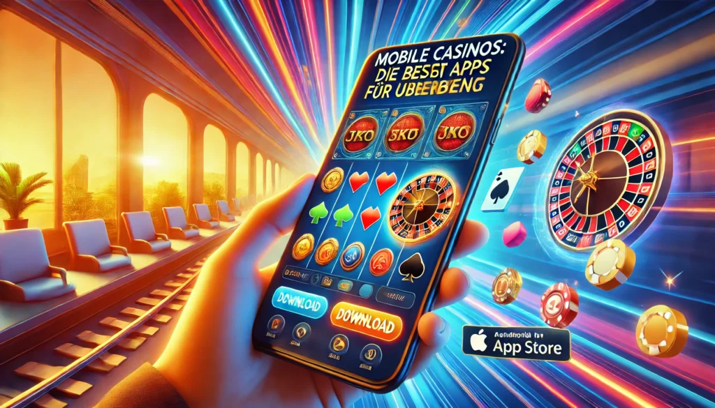 DALLE 20250327 132710 A modern and vibrant 169 banner image for a blog post titled Mobile Casinos Die besten Apps für unterwegs Mobile casinos The best apps on the go Umsonst Slots